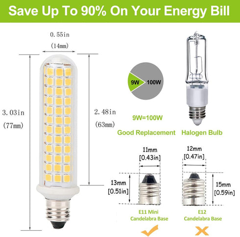 E11 LED Dimmable Light Bulb 9W, 100W Equivalent Halogen Replacement Bulbs, Warm White 3000K, E11 Mini Candelabra Base Corn Bulbs JD T3 T4 120V for...