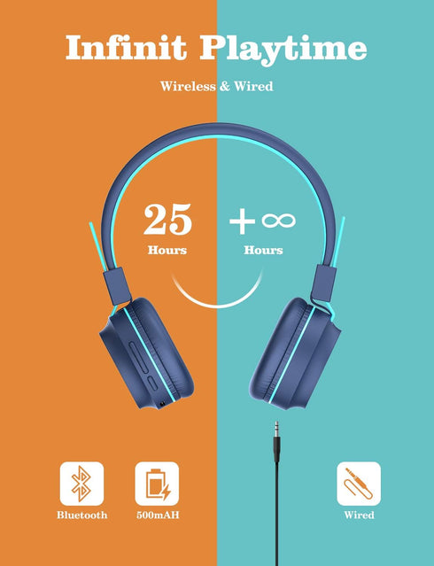 iClever Kids Bluetooth Headphones LED Light Up with Safe Volume, 25H Playtime, Stereo Sound Mic, Bluetooth 5.0, Foldable, On Ear Kids Wireless Hea...