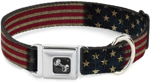 Buckle-Down Seatbelt Buckle Dog Collar - Vintage US Flag Stretch - 1" Wide - Fits 15-26" Neck - Large...