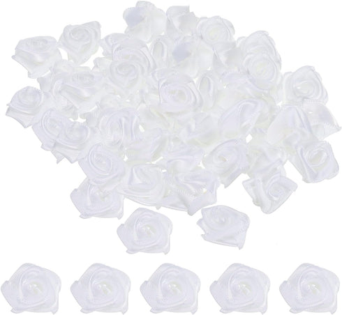 PATIKIL 0.6" Mini Satin Ribbon Roses, 50 Pcs Tiny Fabric Flowers Embellishments Rosettes Applique for DIY Crafts and Wedding, White...