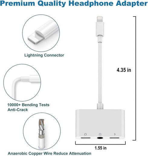 3 in 1 Lightning to 3.5mm Jack Headphone Adapter Earphone Jack Audio and Charging Adapter Headphone Splitter Compatible for iPhone 13 12 11 SE XS ...