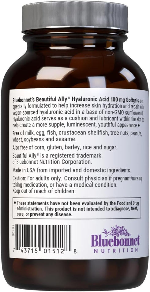 Bluebonnet Nutrition Beautiful Ally Hyaluronic Acid 100mg, Nurture Radiant Skin*, Non-GMO, Gluten-Free, Soy-Free, 90 Softgels, 90 Servings...