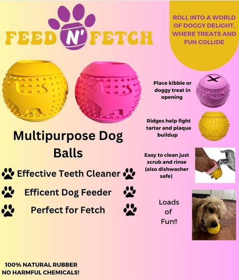 Feed N' Fetch Interactive Treat Ball - Dog Feeder Ball, Teeth Cleaner - 2 Pack Multipurpose Dog Treat Dispenser Toy - Food Puzzle Ball for All Dog...