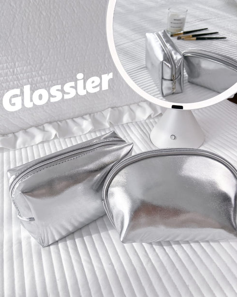 Small Makeup Bag?Cosmetic Bags for Women?Silver Leather Makeup Pouch...