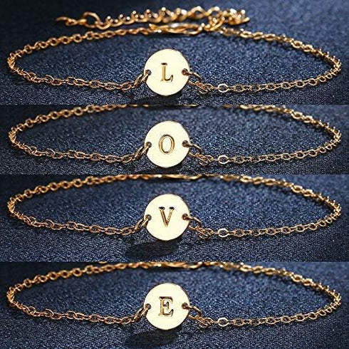 Gold 26 Initial Bracelet For Women Letter Initial Adjustable Chain Round Bracelet For Teen Girls (D)...