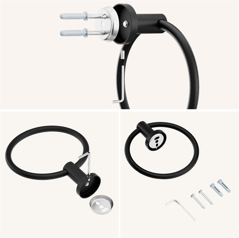 FORIOUS Matte Black Towel Ring, SUS304 Stainless Steel Hand Towel Holder for Bathroom Wall Mounted, Modern Towel Hanger, Towel Rack Round, Ring To...