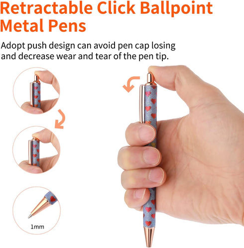 Bling Metal Pens, 6 Pack 1.0 mm Click Retractable Ballpoint Pens Black Ink Medium Point Gift Pens Glitter Retractable Pen Comfortable Writing Pens...