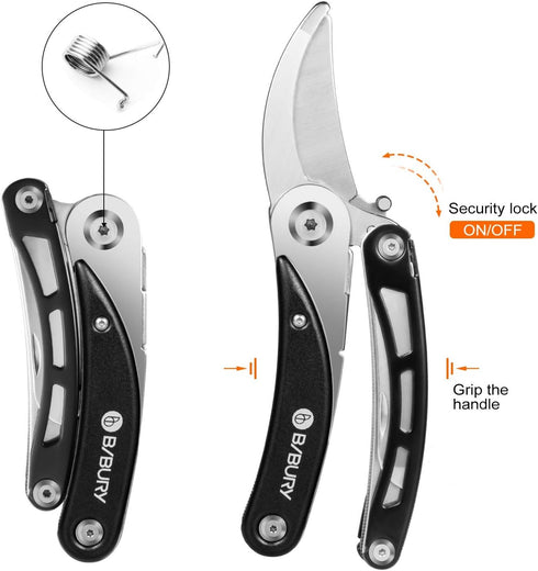 BIBURY Gardening Hand Pruners, 5 in 1 Multitools Folding Scissors 420 Stainless Steel Pruning Shears Bonsai Cutters for Tree Trimmers Secateurs,Ga...
