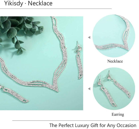 Yikisdy Wedding Necklace Set Silver Crystal Bride Jewelry, Rhinestone Choker, Bridal Accessories for Women and Girls ( Pack of 3, 2 earrings and 1...