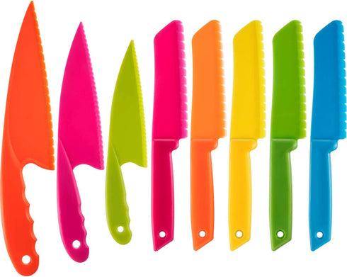 JOVITEC 8 Pcs Kid Cooking Kitchen Knife Set, Plastic Serrated Edges Children's Safe Chef Nylon Knives for Cutting Fruit Bread Cake Salad Lettuce K...