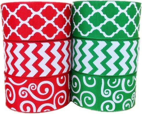 Christmas Ribbon 30 Yards(6 X 5yds) 1 Inch Red Green Grosgrain Ribbon Chevron Swirl Quatrefoil Printed...
