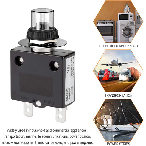15Amp Electric Button Breaker 125/250V AC 50V DC Push Button Circuit Breaker Thermal Overload Protector with Manual Reset, for Power Strips - 4PCS...
