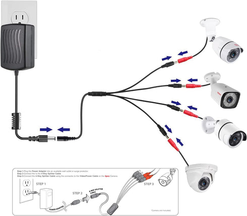 Security-01 2-Pack 1 to 4 Way DC Power Splitter Cable, Plug 5.5mm x 2.1mm, for CCTV Camera, LED Strip Light and More,White...
