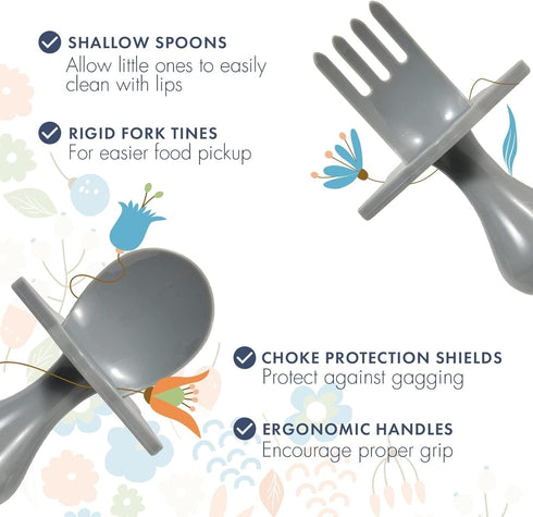 Elli&Nooli Baby-Led Weaning Utensils - Plastic Fork and Spoon Set for 1-Year-Old Toddler, Phthalate-Free, & Dishwasher Safe - Gray...