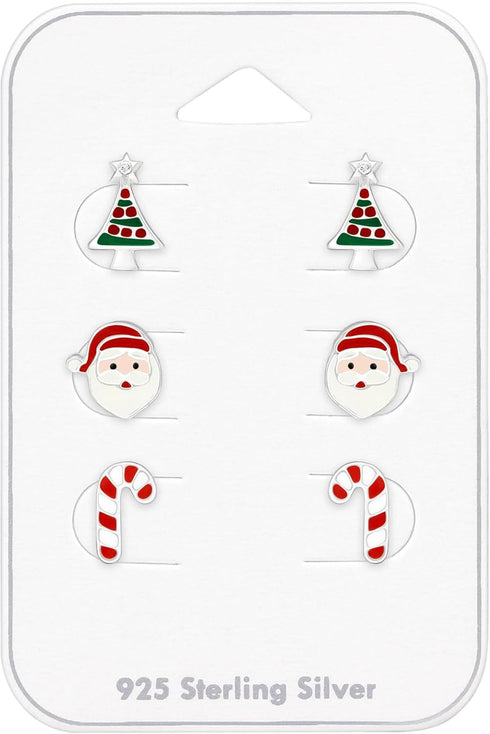 925 Sterling Silver (SET OF 3) Crystals Christmas Tree Santa Claus Candy cane Stud Earrings 28468...