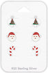 925 Sterling Silver (SET OF 3) Crystals Christmas Tree Santa Claus Candy cane Stud Earrings 28468...