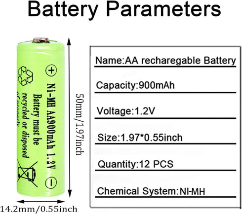 1.2v AA NIMH 900 mah Rechargeable Batteries, 12 Pack Double A Rechargeable Battery for Solar Lights, String Lights Pathway Lights,Mouse, Keyboard...
