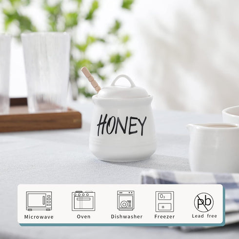 HAOTOP Porcelain Small Honey Jar with Lid and Honey Dipper 12oz (White)...