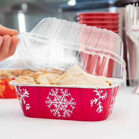 KitchenDance Disposable Aluminum Holiday 1 Lb Mini Loaf Pan with Clear Snap on Lid - 15 Ounces Aluminum Foil Pan for Baking, 9302X, (Red & Silver,...