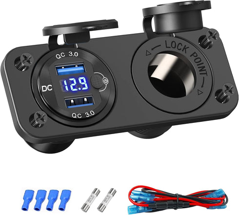 Cigarette Lighter Socket 12V Power Outlet, Qidoe Aluminum 40W Dual QC3.0 USB Charger Socket with LED Voltmeter Switch,150W DC Lighter Socket Water...