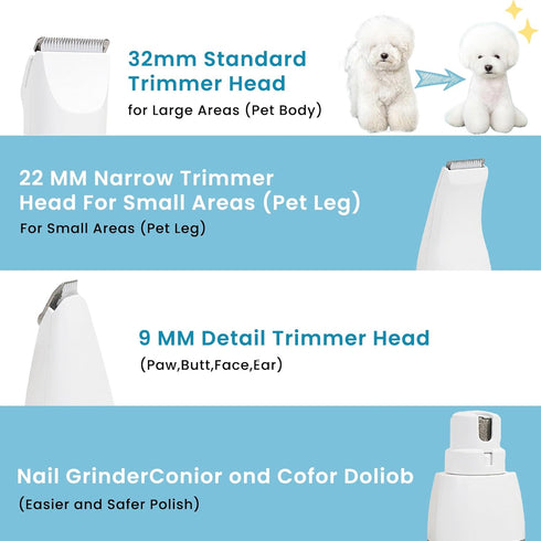 Low Noise Cordless Clippers for Dogs and Cats – Grooming Kit with Nail Grinder, 4 in 1 Electric Trimmer for Paws, Ears, Eyes, and Face, Gray...