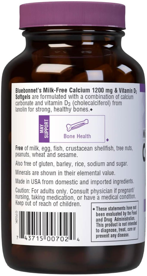 Bluebonnet Nutrition Milk-Free Calcium 1,200 mg Plus Vitamin D3 400 IU - High Potency, Maximum Absorption Strong Healthy Bones & Immune Health Sup...
