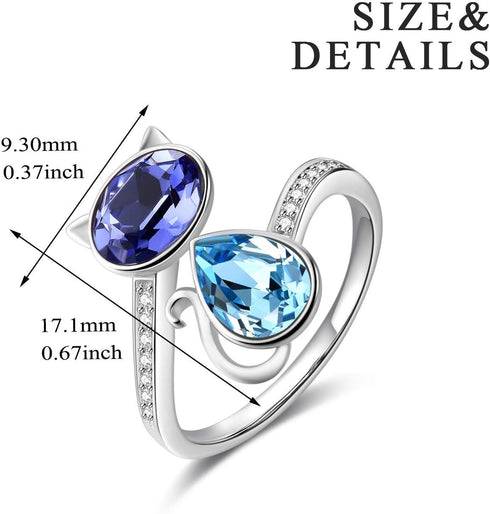 AOBOCO Sterling Silver Cat Ring, Blue Purple Crystals from Austria, Cute Pet Kitten Kitty Adjustable Open Ring, Cat Gifts for Lovers, Anniversary ...