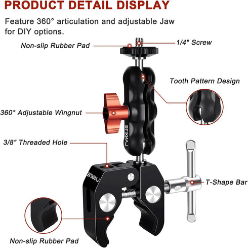 Super Clamp Camera Mount with Double Ball Head Adapter - Compatible with Canon Nikon DSLR, Gopro, LED Lights, Ronin-M/MX, Freefly MOVI - 360° Rota...