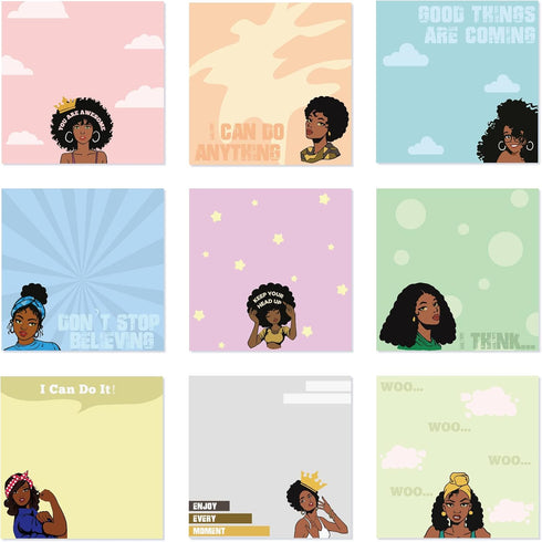 9 Packs Black Girl Sticky Notes Inspirational Mini Motivational Self Stick Note Pads Cute African Girl Teacher Notes Positive Memo Notepads for Nu...