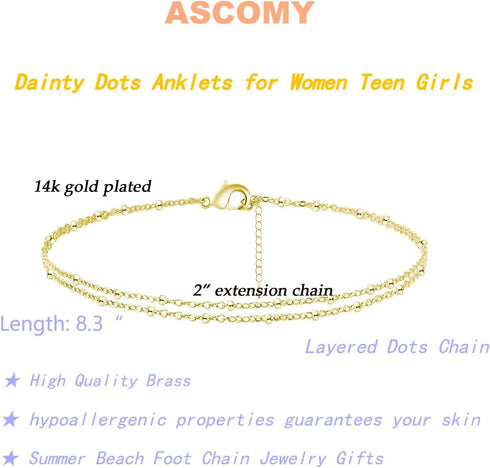 ASCOMY Ankle Bracelets for Women 14K Gold Plated Anklet for Women Silver Layered Shining Tennis Anklet Dainty Beaded Bar Dot Pearl Satellite Link ...