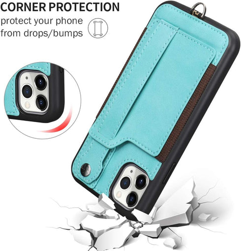 TOOVREN Phone Case for iPhone 11 Pro Wallet Case Lanyard Neck Strap with Kickstand Leather Card Holder Adjustable Detachable Necklace, Phone Prote...