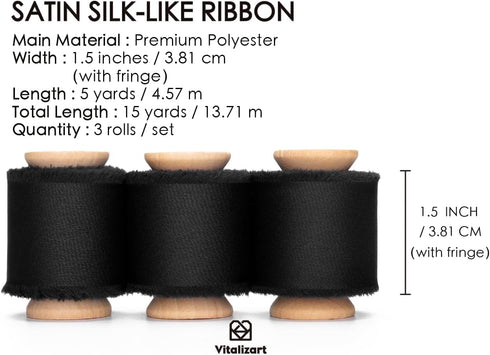 Vitalizart Black Silk Satin Ribbon 1-1/2 Inch x 15 Yard Wooden Spool Handmade Frayed Ribbons for Gift Wrapping Baby Shower Wedding Bridal Bouquets...