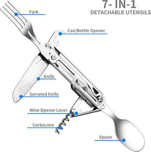 Camping Utensils, 6-In-1 Detachable Stainless Steel Camping Flatware Multi-tool kits with Spoon Fork Knife Corkscrew Bottle&Can Opener, Folding Po...
