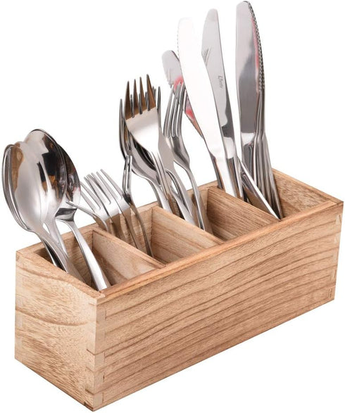 WuGeShop Wood Cutlery Caddy, Kitchen Utensil Organizer with 4 Compartments, Silverware Storage Kitchen Countertop Flatware Organizer...