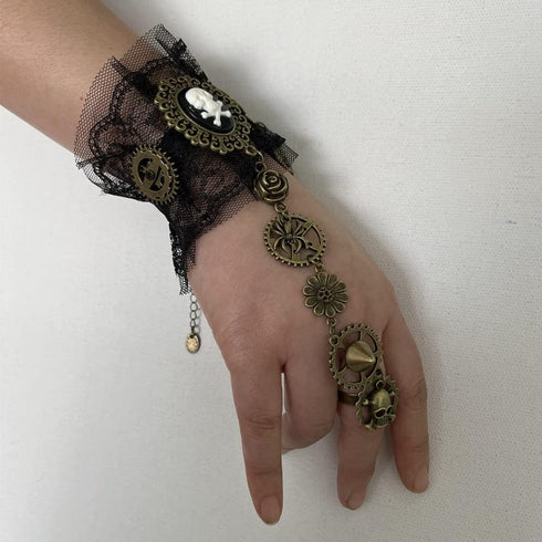 Women Gothic Pirate Skull Steampunk Gear Bracelet Jewelry Accessory Wristband with Finger Ring...