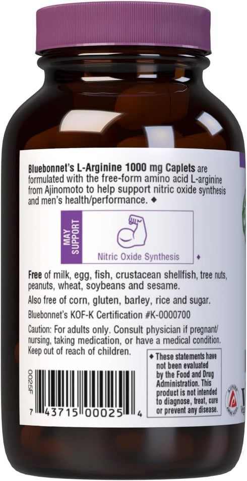 Bluebonnet Nutrition L-Arginine 1000mg, Free-Form Amino Acid, Nitric Oxide Precursor, Gluten-Free, Non-GMO, Kosher Certified, Vegan, 50 Caplets, 5...
