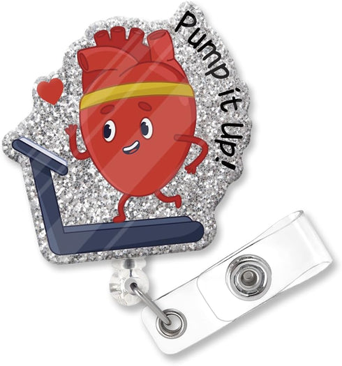 Pump It Up Funny Glitter Badge Scroll Retractable, Cute Heart Badge Holder for Doctor, Christmas Birthday Gift for Nurse Cardiology Physician Cath...