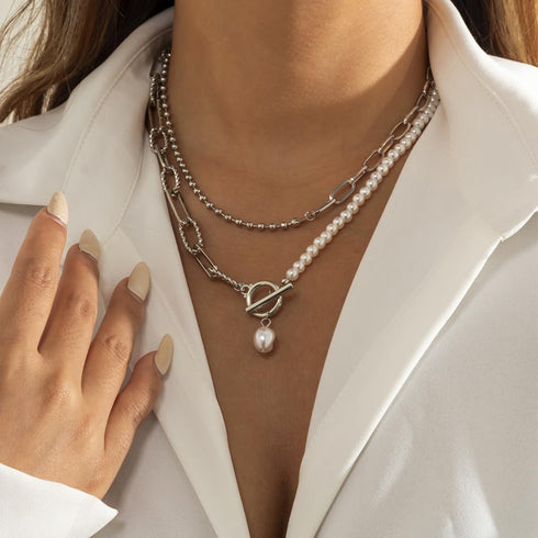 Pearl Paperclip Necklace Toggle Clasp Necklace Statement Pendant Pearl Chains Ball Chain Layered Choker Necklace Girls Jewelry Gift for Women...