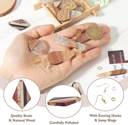 FASHEWELRY 24Pcs Gold Foil Resin Wood Earring Charms Teardrop Drop Rectangle Wooden Earring Blanks Geometry Boho Charms Wooden Earring Pieces for ...