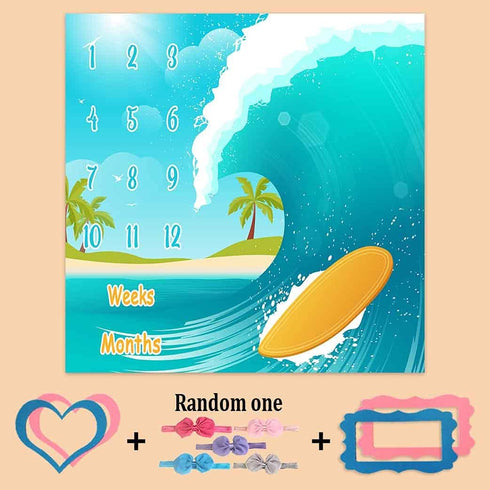 Baby Monthly Milestone Blanket, Sea Surfboard Waves, Newborns 1 to 12 Months Unisex Include 4 Frames and 1 Headband 47"x47"BTLSPH495...