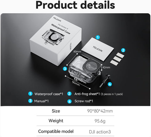 TELESIN Waterproof Case for DJI Action 4 Action 3 Camera Accessories, with Anti-fog Underwater Housing Shell Cage Supports 45M/148FT Deep Diving S...