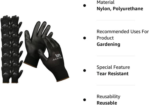 Ultra-Thin PU Safety WORK GLOVES 12 Pairs, WG002 Black/Black, Large...