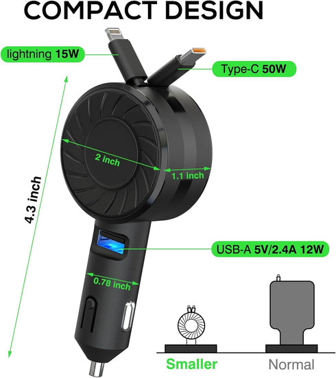 Retractable Car Charger, 3 in 1 Fast Charging Car Phone Charger 50W, Mini Car Adapter with 2 Cables+1 Port Cigarette Lighter USB C Charger for App...