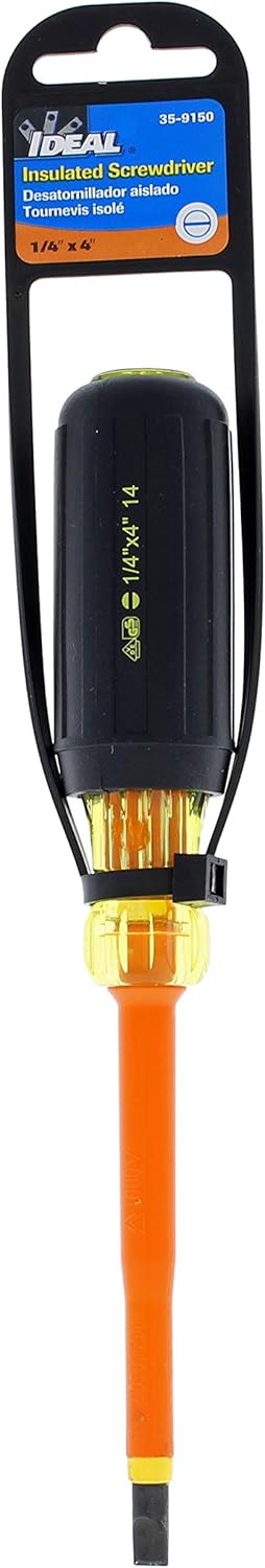 IDEAL Electrical 35-9150 Slotted Insulated Screwdriver Orange, 1/4 x 4 in. Shaft Screwdrivers with Cushion-Grip Handles. Electrician Tool Kits...