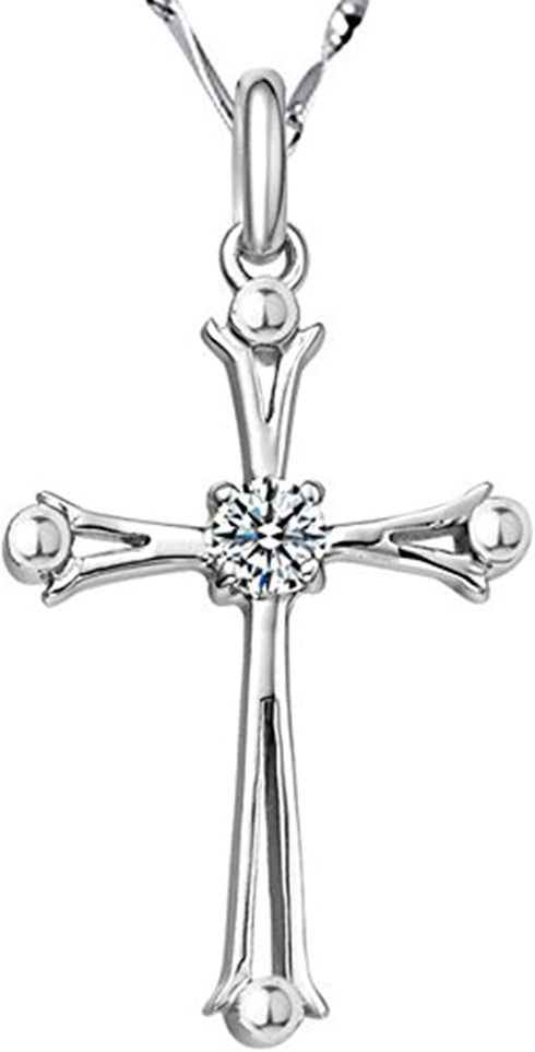 Fashion Jewelry 925 Sterling Silver Inlaid Crystal Cubic Zirconia Cross Pendant Necklace...