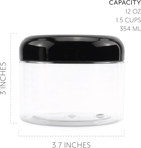 Cornucopia Brands 12 Ounce Clear Plastic Jars w/Black Plastic Lids (6-Pack); BPA Free PET Stackable Canisters for Bathroom & Kitchen Storage...