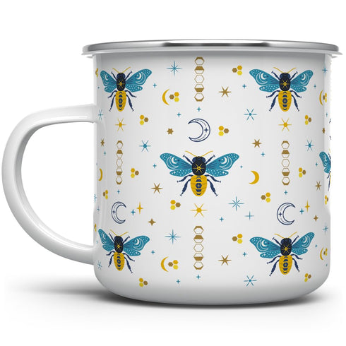 Celestial Bee Pattern Enamel Camping Coffee Mug, Honeycomb Moon Stars Gift Cup for Friend Coworker Women (12oz)...