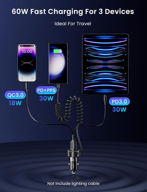 60W Car Charger USB C,toocki 3-Port Cigarette Lighter USB Charger PD & QC3.0 with 30W Type C Coiled Cable,Fast Car Charger Adapter for iPhone 15/P...