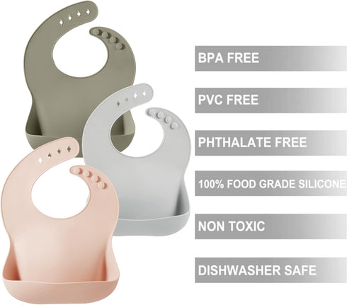 PandaEar 3 Pack Silicone Bibs for Babies Toddlers Girls Boys| Adjustable Waterproof BPA Free Soft Durable Bibs for Eating with Large Pocket Food C...