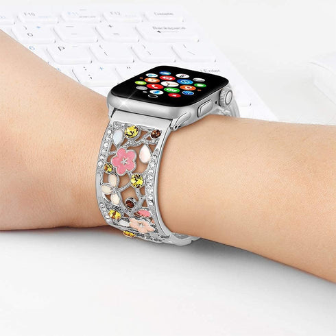 Floral Bracelet Compatible with Apple Watch Band 42mm 44mm 45mm 46mm 49mm iWatch Series 10 9 8 7 SE,Bling Crystal Hollow Metal Strap,Cute Women Dr...